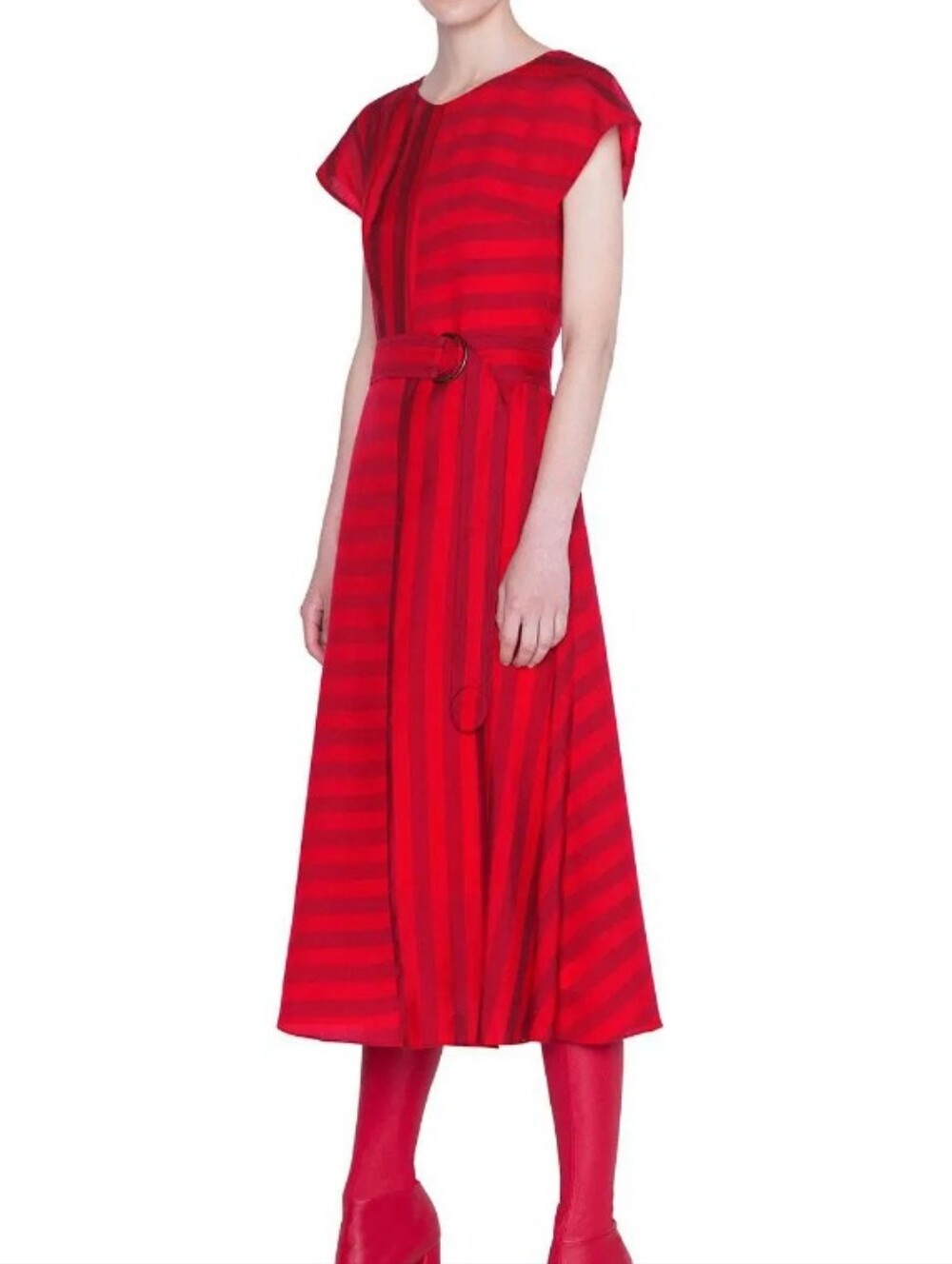 Akris-Punto Kodak Stripe Midi Dress Size 12 Prickly Pear Red